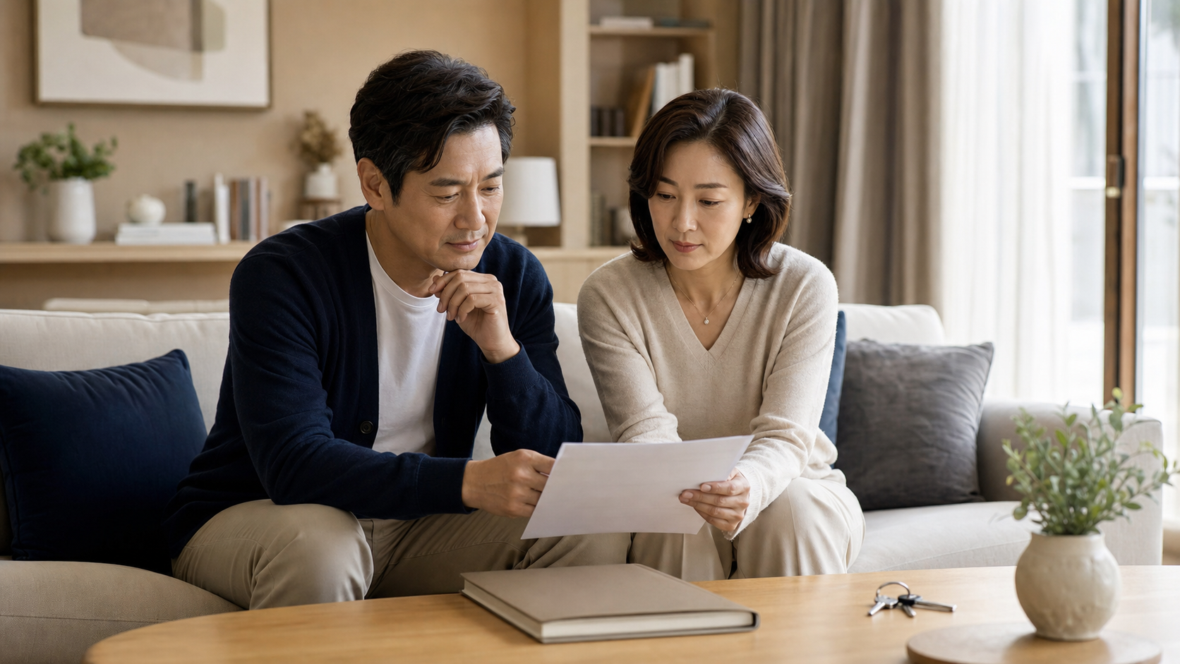 부부가 주택 매도 확인 서류와 열쇠를 함께 살피는 모습