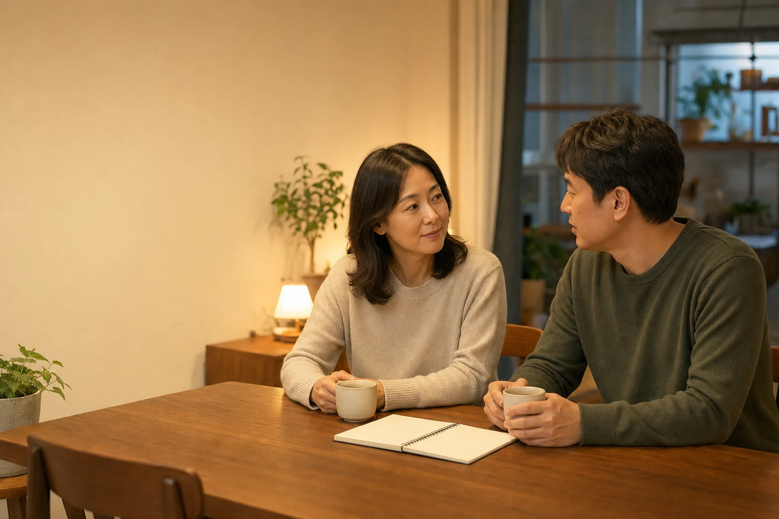 저녁 식탁에서 차를 마시며 돈 이야기를 나누는 40대 부부