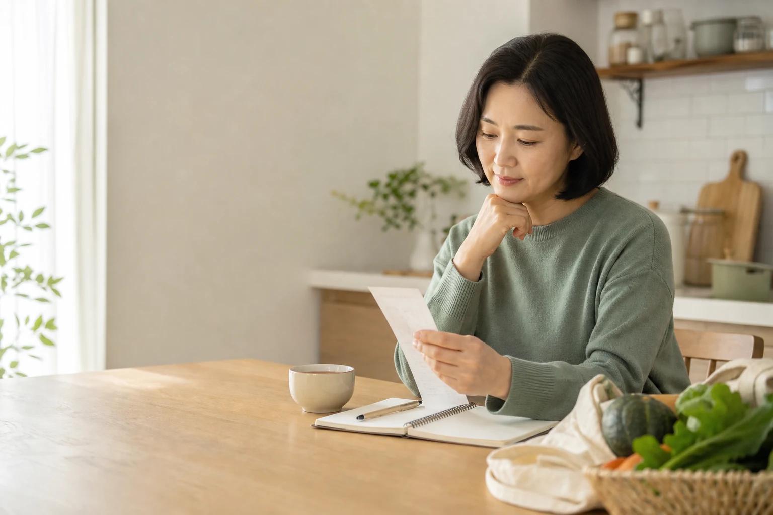 주방 식탁에서 영수증과 노트를 보며 한 달 지출을 살피는 40대 부모