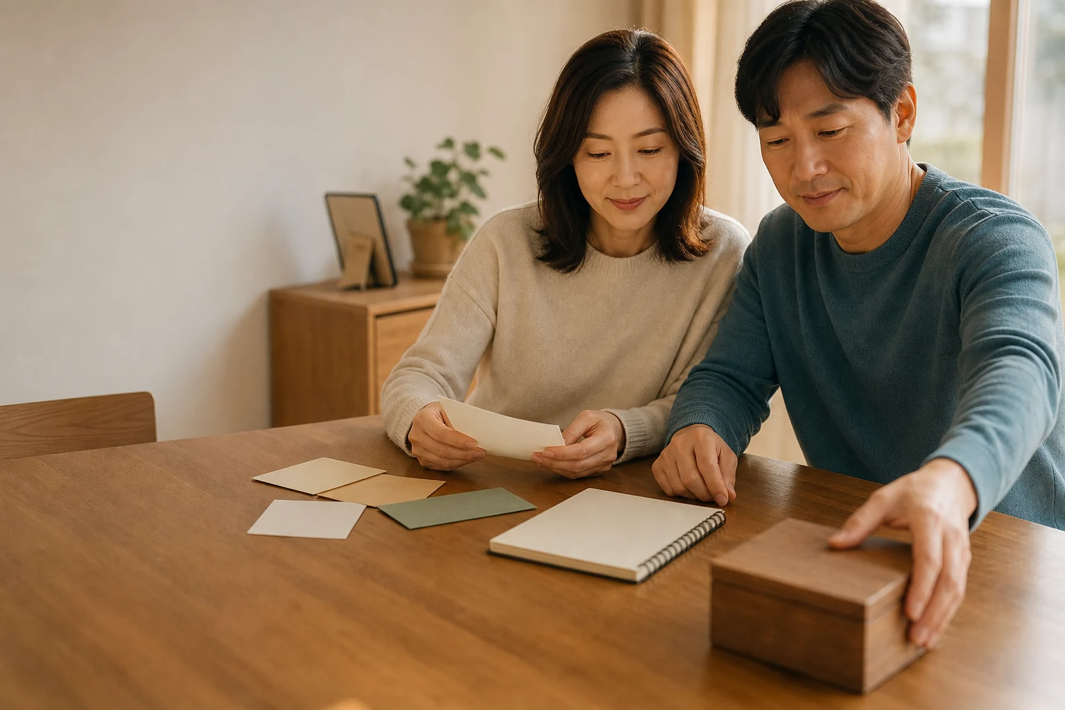 집 식탁에서 생활 우선순위를 정리하는 40대 부부와 빈 노트