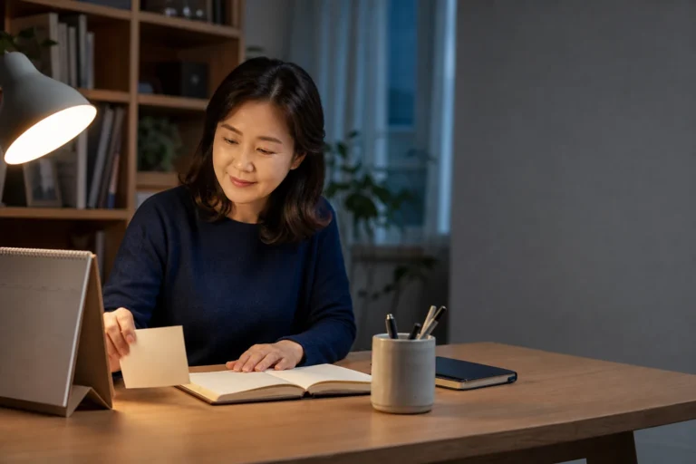 저녁 책상에서 다음 월급날을 준비하며 카드와 노트를 정리하는 40대 부모