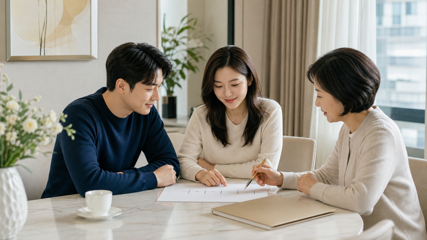예비부부와 부모가 결혼 준비 일정표와 폴더를 차분히 확인하는 모습