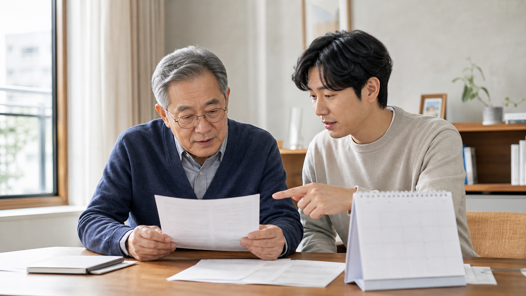 부모와 성인 자녀가 집에서 자동납부 확인 목록과 달력을 보며 이야기하는 모습