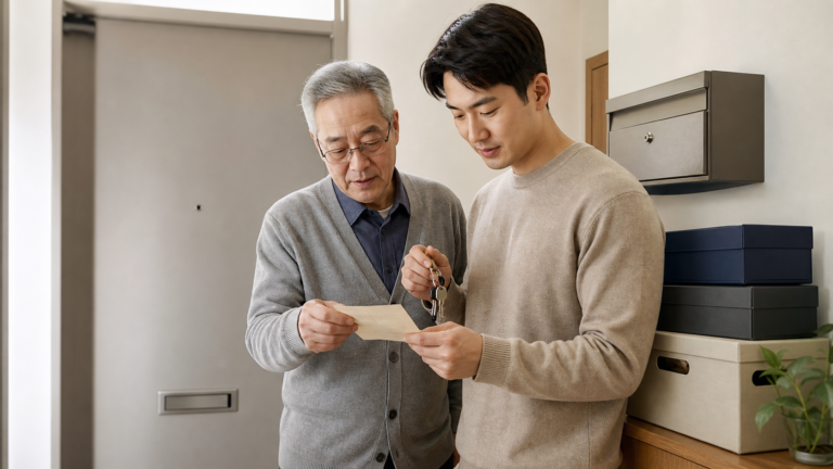 현관 앞에서 열쇠와 인계표를 함께 확인하는 아버지와 성인 자녀