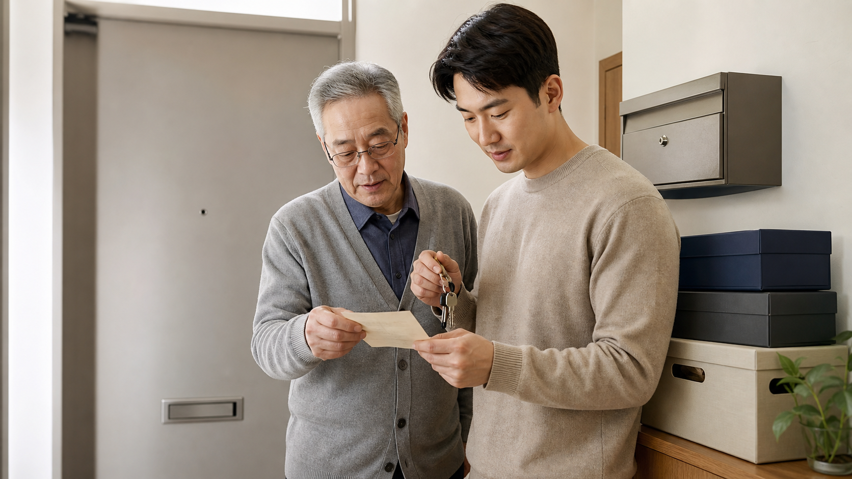 현관 앞에서 열쇠와 인계표를 함께 확인하는 아버지와 성인 자녀