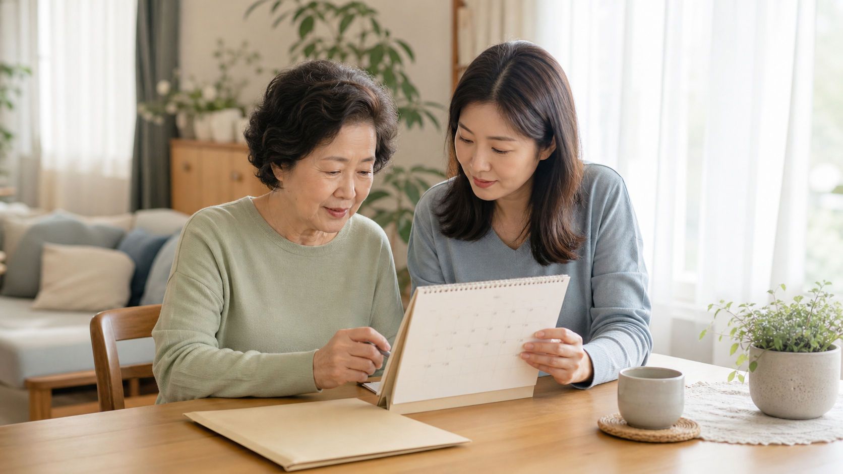 부모와 성인 자녀가 집 식탁에서 병원 일정 달력을 함께 확인하는 차분한 모습
