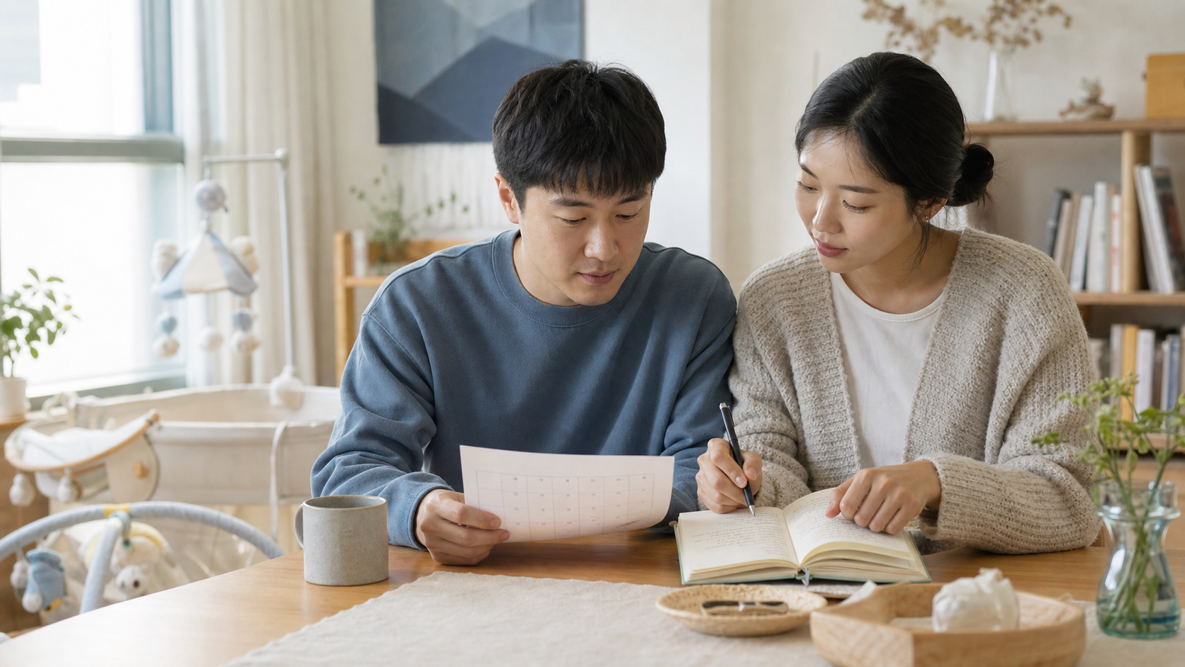 아기 침대가 보이는 집 식탁에서 젊은 부부가 달력과 생활비 기록장을 함께 확인하는 모습