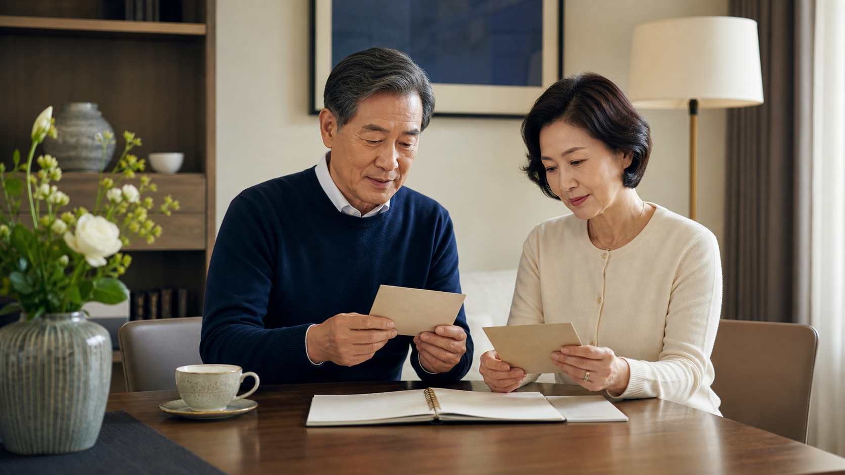 은퇴한 부부가 생활비와 장기자금의 역할을 빈 봉투와 노트로 정리하는 모습