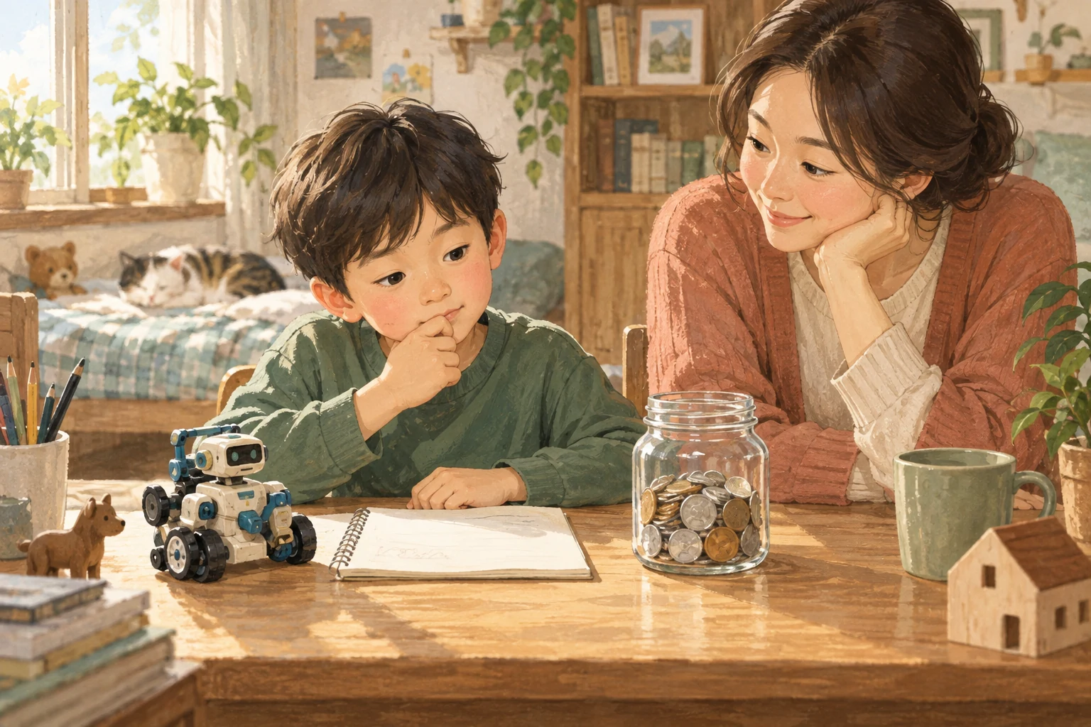부모와 함께 장난감 구매와 저축 사이에서 선택을 생각하는 아이