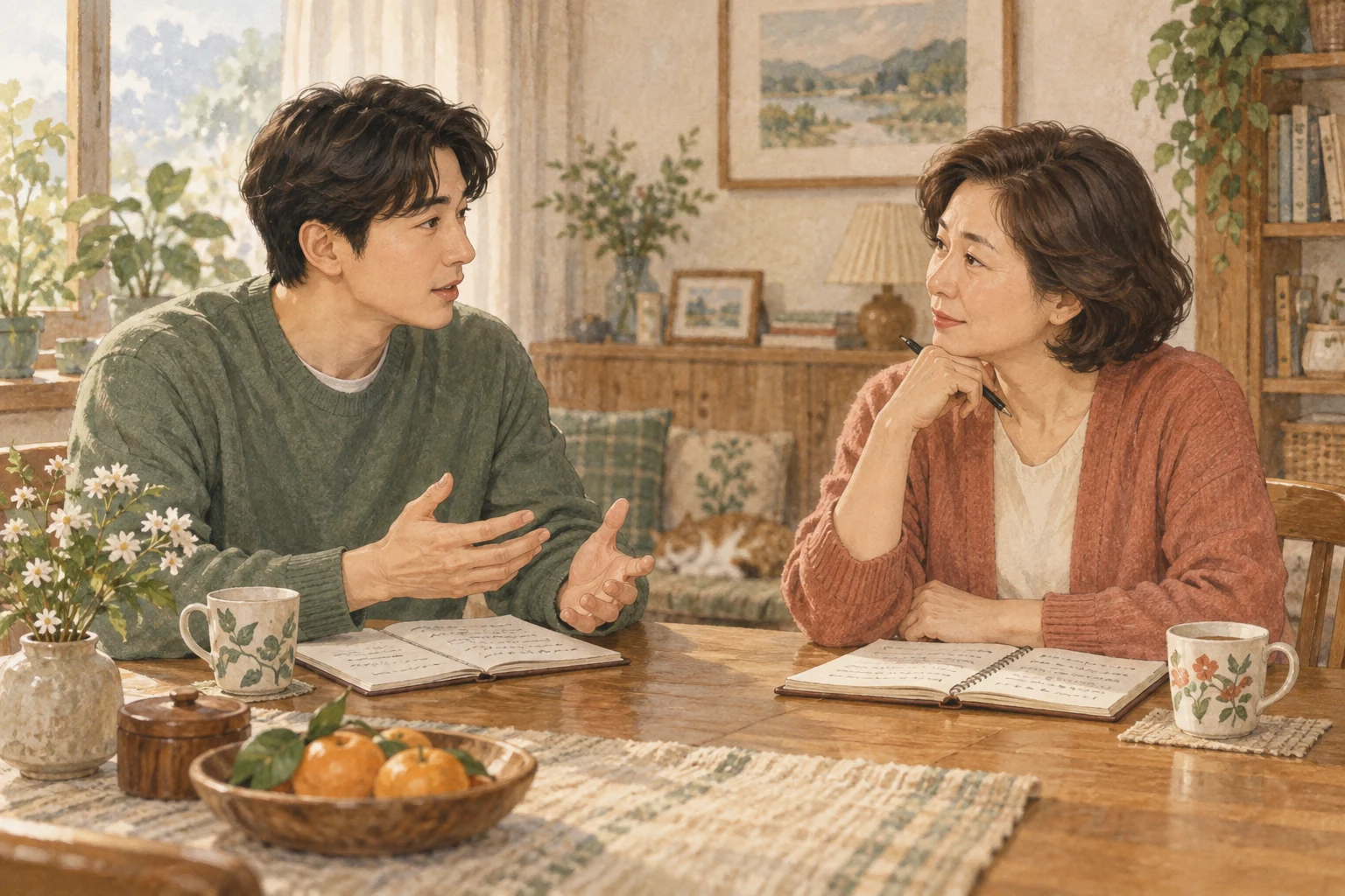 성인 자녀와 부모가 각자의 노트를 펼쳐 지원에 관해 대화하는 모습