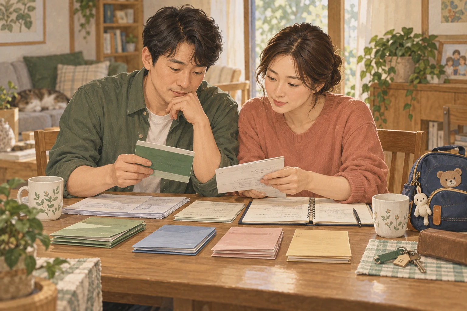 부부가 여러 통장과 서류를 용도별로 나누어 살펴보는 모습