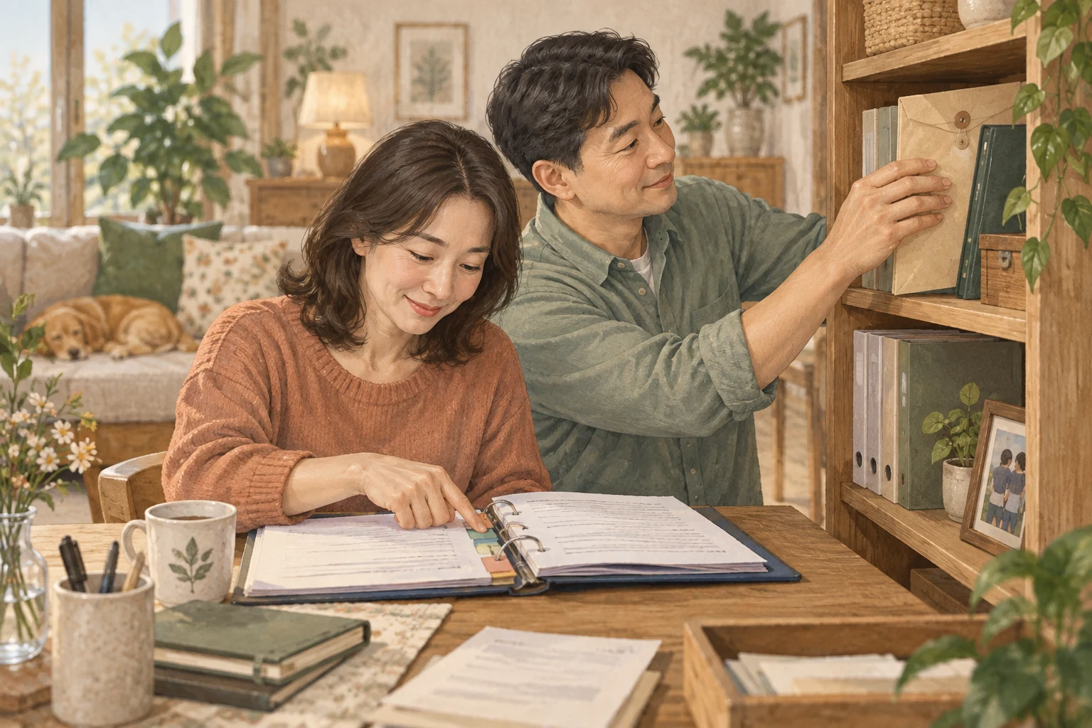 부부가 가족 금융 서류의 보관 위치를 함께 정리하는 모습