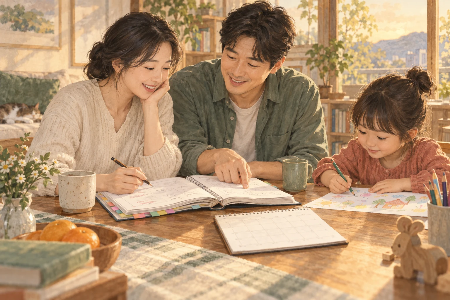 부모가 워크북을 다시 살펴보고 아이는 곁에서 그림을 그리는 가족의 식탁