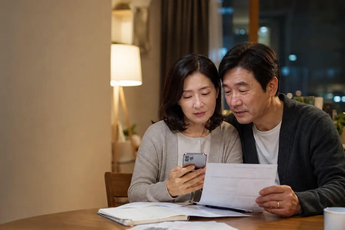 밤 식탁에서 휴대폰과 가계 자료를 보며 미래자금을 함께 고민하는 40대 부부
